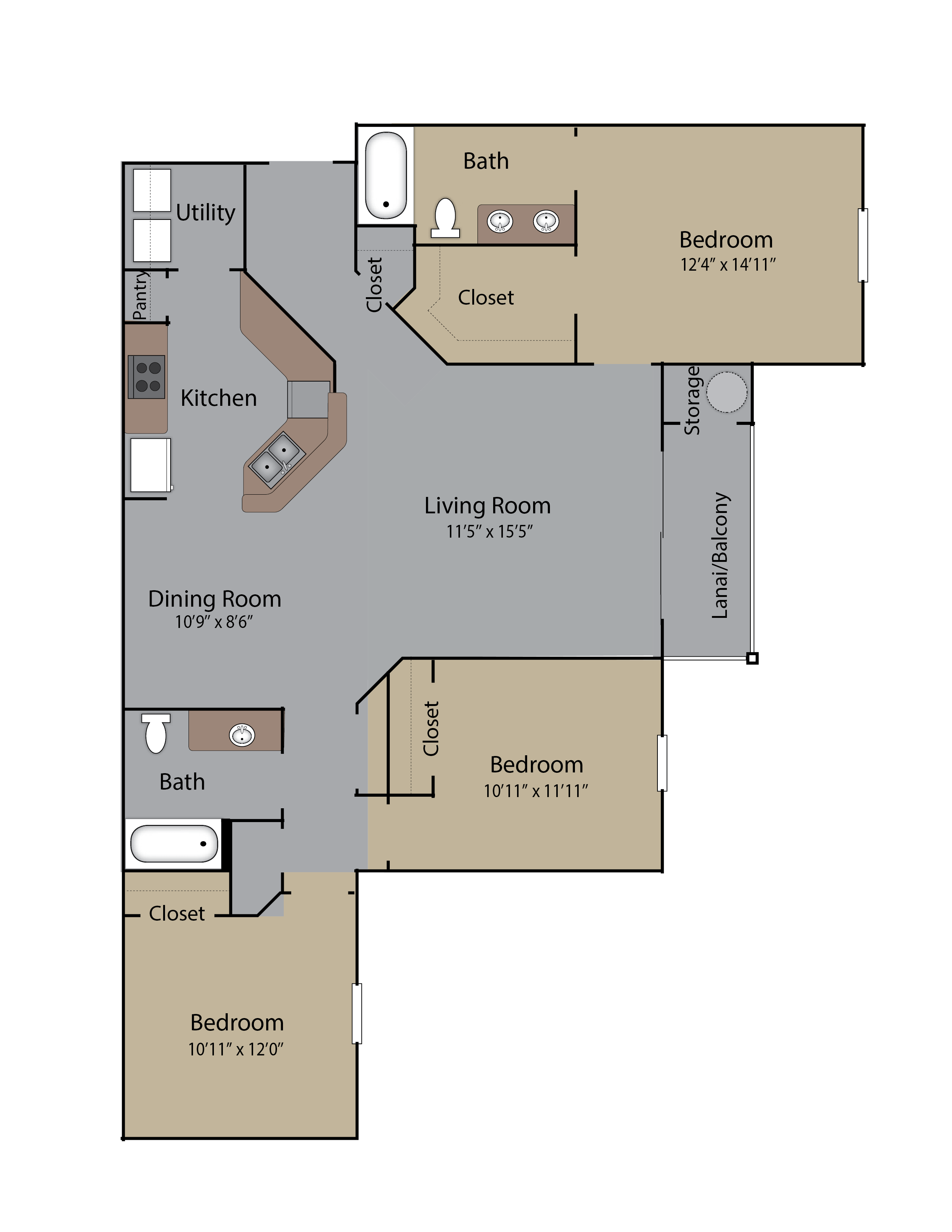 Floor plan for 3 beds, 2 baths, 1521 sqft